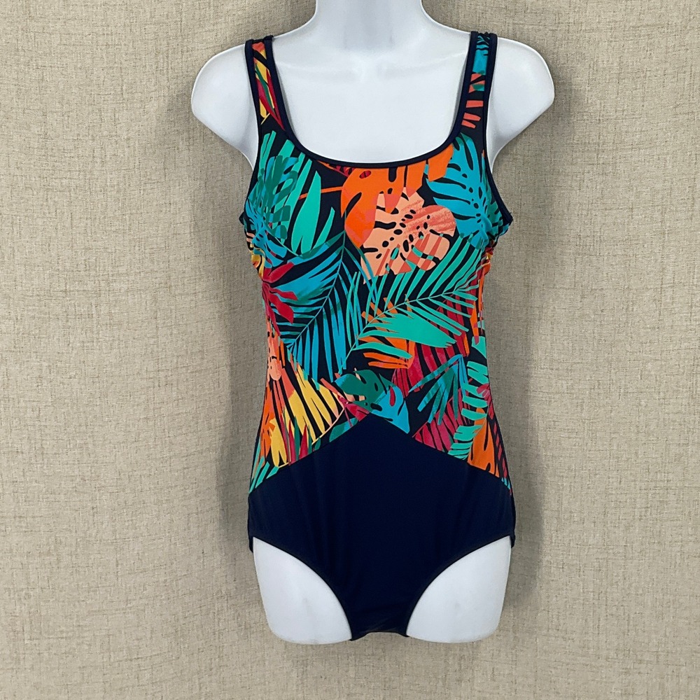 Lands' End Swimsuit Women 8 Navy Blue Tropical Palm Leaf Classic One Piece